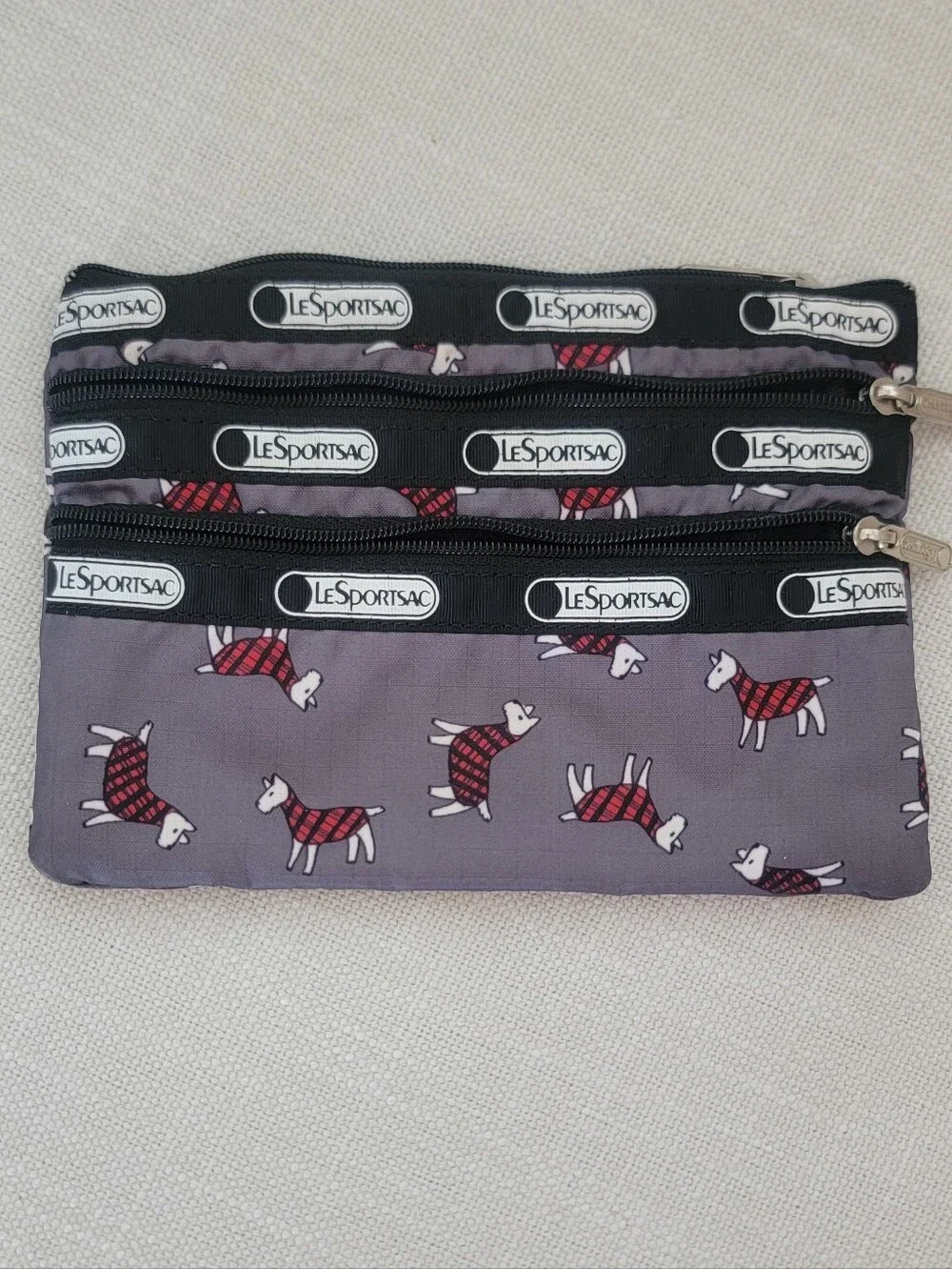 LeSportsac Gray Triple-Zip Pouch with Terrier Toss Print!